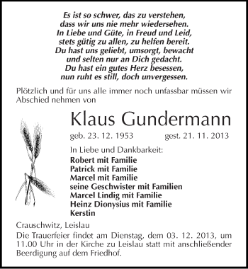 Traueranzeige von Klaus Gundermann von Mitteldeutsche Zeitung Naumburg/Nebra