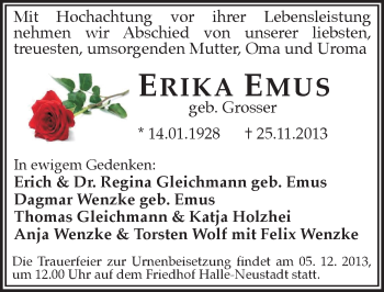 Traueranzeige von Erika Emus von Mitteldeutsche Zeitung Halle/Saalkreis
