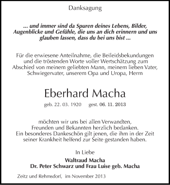 Traueranzeige von Eberhard Macha von Mitteldeutsche Zeitung Zeitz
