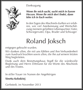 Traueranzeige von Roland Joksch von Mitteldeutsche Zeitung Mansfelder Land