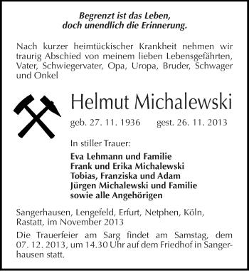 Traueranzeige von Helmut Michalewski von Mitteldeutsche Zeitung Sangerhausen