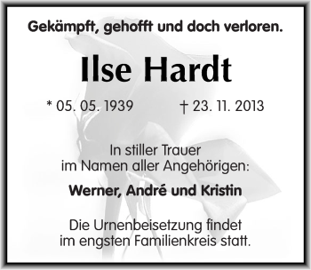 Traueranzeige von Ilse Hardt von Mitteldeutsche Zeitung Köthen