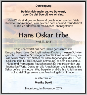Traueranzeige von Hans Oskar Erbe von Mitteldeutsche Zeitung Naumburg/Nebra