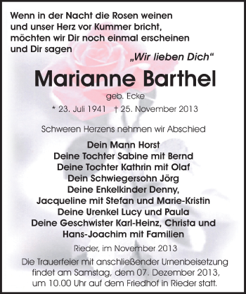 Traueranzeige von Marianne Barthel von Mitteldeutsche Zeitung Quedlinburg