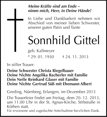 Traueranzeige von Sonnhild Gittel von Mitteldeutsche Zeitung Köthen