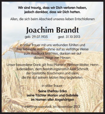 Traueranzeige von Joachim Brandt von Mitteldeutsche Zeitung Naumburg/Nebra