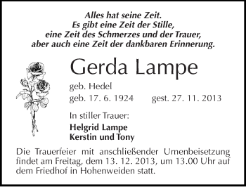 Traueranzeige von Gerda Lampe von Mitteldeutsche Zeitung Halle/Saalkreis