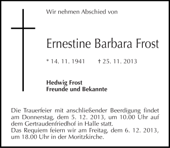 Traueranzeige von Ernestine Barbara Frost von Mitteldeutsche Zeitung Halle/Saalkreis