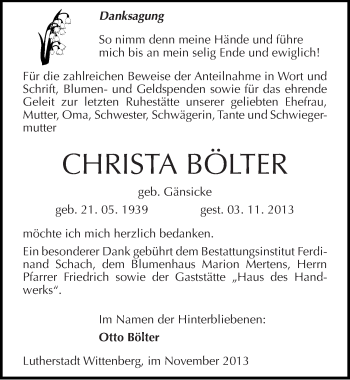 Traueranzeige von Christa Bölter von Mitteldeutsche Zeitung Wittenberg