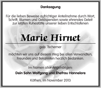 Traueranzeige von Marie Hirnet von Mitteldeutsche Zeitung Köthen