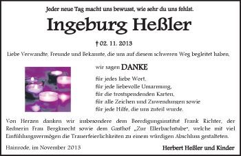 Traueranzeige von Ingeburg Heßler von Mitteldeutsche Zeitung Sangerhausen