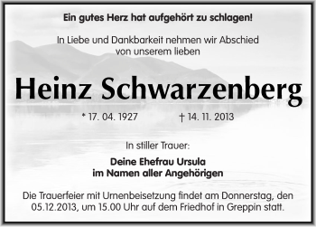 Traueranzeige von Heinz Schwarzenberg von Mitteldeutsche Zeitung Bitterfeld