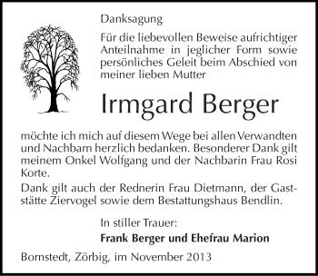 Traueranzeige von Irmgard Berger von Mitteldeutsche Zeitung Mansfelder Land