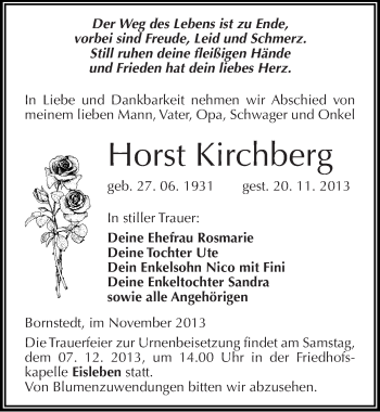 Traueranzeige von Horst Kirchberg von Mitteldeutsche Zeitung Mansfelder Land