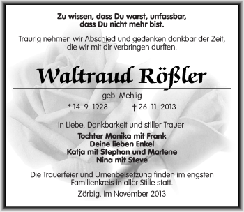Traueranzeige von Waltraud Rößler von Mitteldeutsche Zeitung Bitterfeld