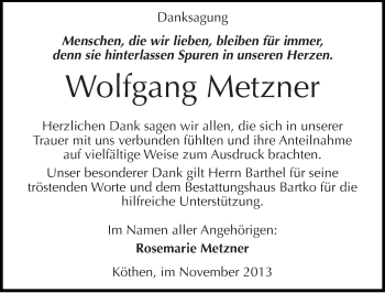 Traueranzeige von Wolfgang Metzner von Mitteldeutsche Zeitung Köthen