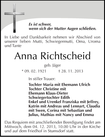 Traueranzeige von Anna Richtscheid von Mitteldeutsche Zeitung Bitterfeld
