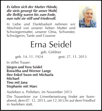 Traueranzeige von Erna Seidel von Mitteldeutsche Zeitung Mansfelder Land
