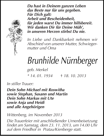 Traueranzeige von Brunhilde Nürnberger von Mitteldeutsche Zeitung Wittenberg