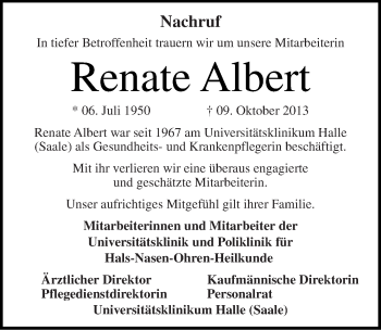 Traueranzeige von Renate Albert von Mitteldeutsche Zeitung Halle/Saalkreis