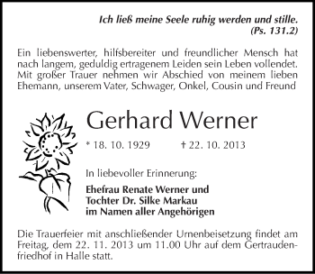 Traueranzeige von Gerhard Werner von Mitteldeutsche Zeitung Halle/Saalkreis