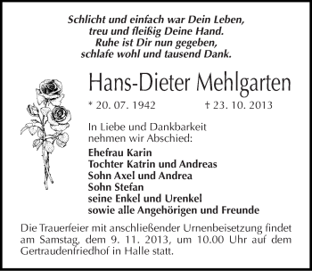 Traueranzeige von Hans-Dieter Mehlgarten von Mitteldeutsche Zeitung Halle/Saalkreis