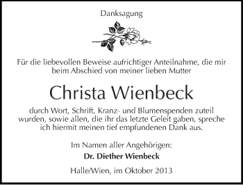 Traueranzeige von Christa Wienbeck von Mitteldeutsche Zeitung Halle/Saalkreis