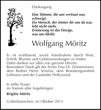 Traueranzeige von Wolfgang Möritz von Mitteldeutsche Zeitung Wittenberg