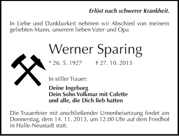 Traueranzeige von Werner Sparing von Mitteldeutsche Zeitung Halle/Saalkreis
