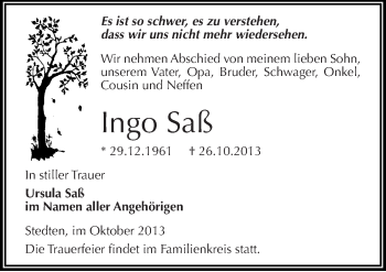 Traueranzeige von Ingo Saß von Mitteldeutsche Zeitung Mansfelder Land