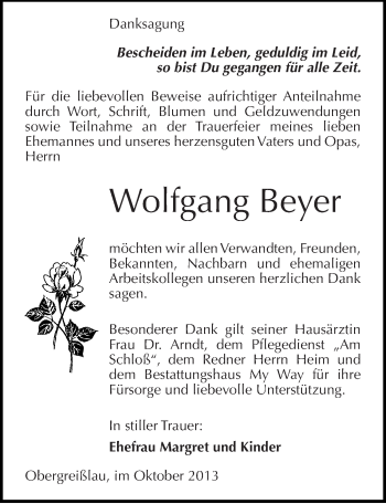 Traueranzeige von Wolfgang Beyer von Mitteldeutsche Zeitung Weißenfels