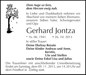 Traueranzeige von Gerhard Jontza von Mitteldeutsche Zeitung Bitterfeld