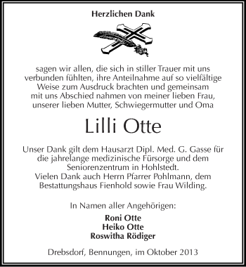 Traueranzeige von Lilli Otte von Mitteldeutsche Zeitung Sangerhausen