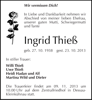 Traueranzeige von Ingrid Thieß von Mitteldeutsche Zeitung Dessau-Roßlau