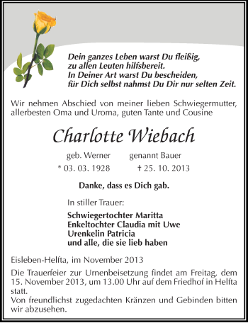 Traueranzeige von Charlotte Wiebach von Mitteldeutsche Zeitung Mansfelder Land