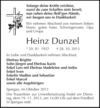 Traueranzeige von Heinz Dunzel von Mitteldeutsche Zeitung Merseburg/Querfurt