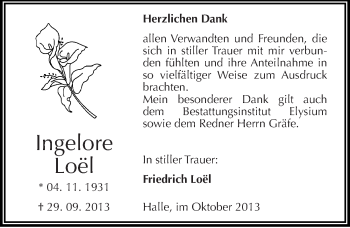 Traueranzeige von Ingelore Loël von Mitteldeutsche Zeitung Halle/Saalkreis