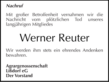 Traueranzeige von Werner Reuter von Mitteldeutsche Zeitung Naumburg/Nebra