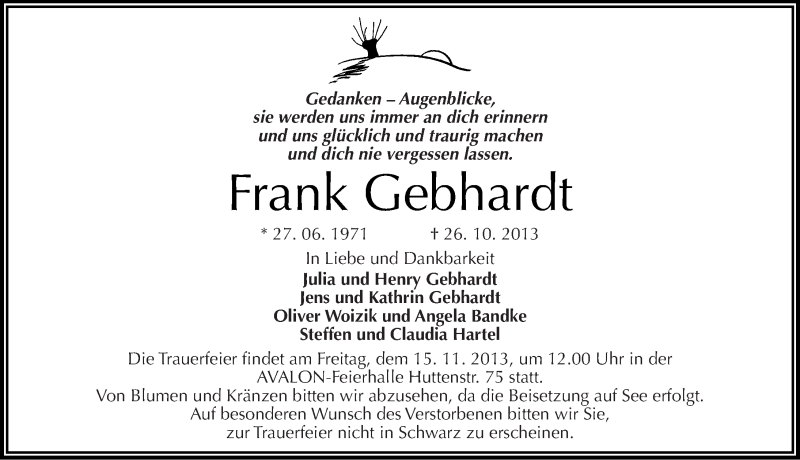  Traueranzeige für Frank Gebhardt vom 09.11.2013 aus Mitteldeutsche Zeitung Halle/Saalkreis