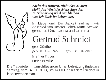 Traueranzeige von Gertrud Schmidt von Mitteldeutsche Zeitung Halle/Saalkreis