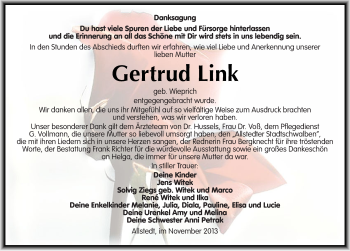Traueranzeige von Gertrud Link von Mitteldeutsche Zeitung Sangerhausen