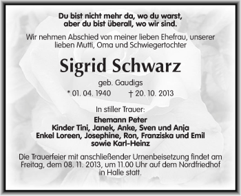 Traueranzeige von Sigrid Schwarz von Mitteldeutsche Zeitung Halle/Saalkreis