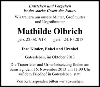 Traueranzeige von Mathilde Olbrich von Mitteldeutsche Zeitung Aschersleben