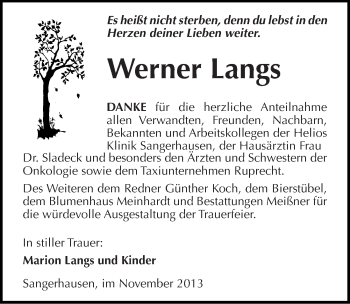 Traueranzeige von Werner Langs von Mitteldeutsche Zeitung Sangerhausen