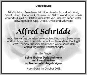 Traueranzeige von Alfred Schridde von Mitteldeutsche Zeitung Naumburg/Nebra