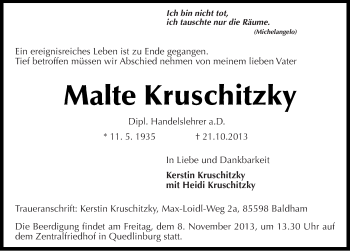 Traueranzeige von Malte Kruschitzky von Mitteldeutsche Zeitung Quedlinburg
