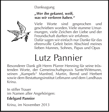 Traueranzeige von Lutz Pannier von Mitteldeutsche Zeitung Bitterfeld