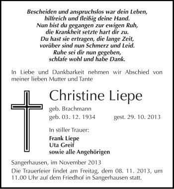 Traueranzeige von Christine Liepe von Mitteldeutsche Zeitung Sangerhausen