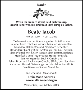 Traueranzeige von Beate Jacob von Mitteldeutsche Zeitung Weißenfels