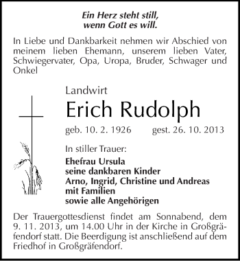 Traueranzeige von Erich Rudolph von Mitteldeutsche Zeitung Merseburg/Querfurt